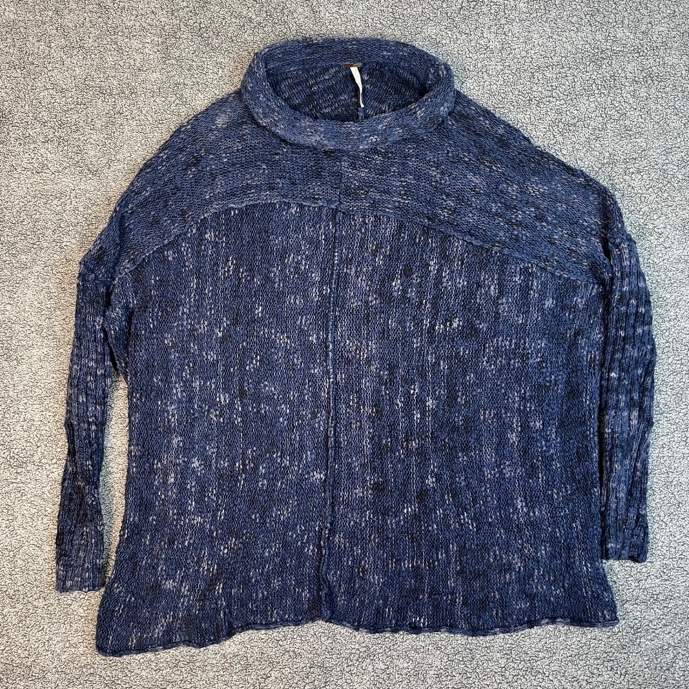 Free People Marled Blue Mock Neck Oversized Cotton Blend Sweater OB413139